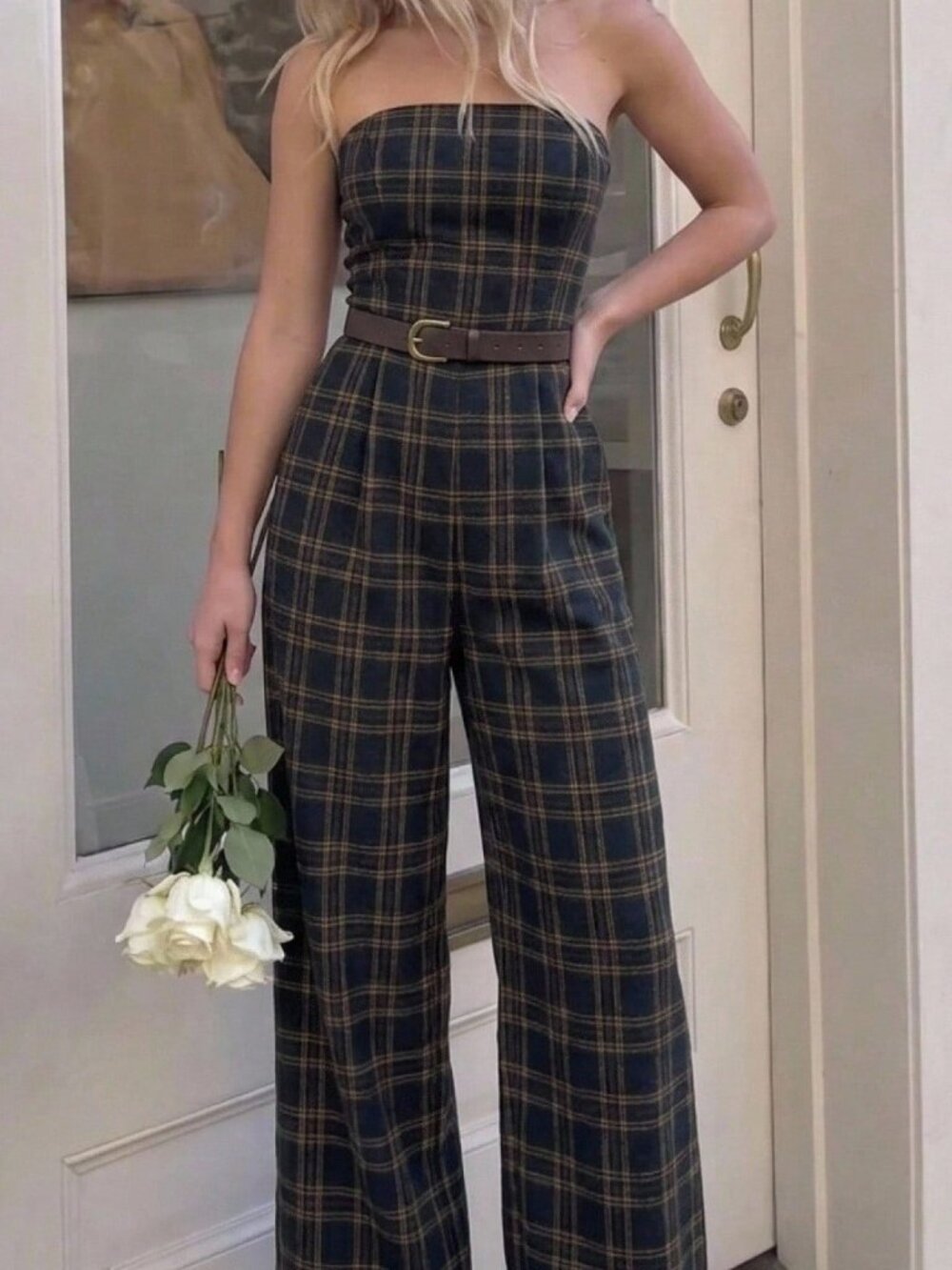Multicolor Plaid Women's Belted Zipper Strapless Long Loose Jumpsuit - Picture 4 of 6